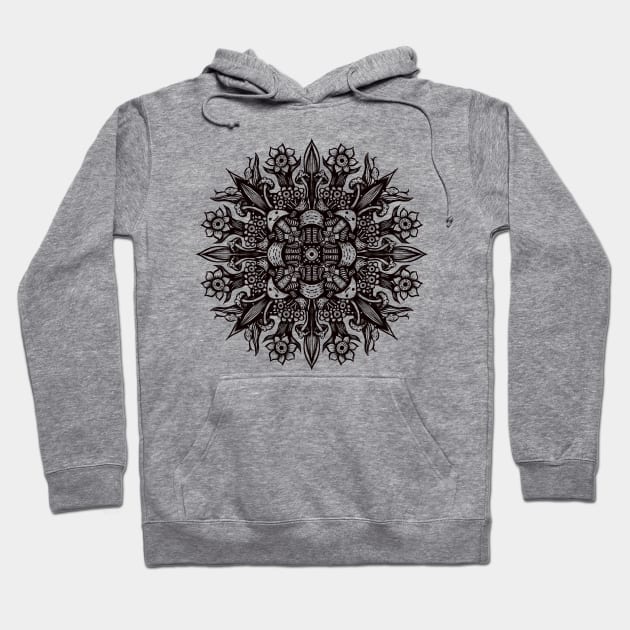 Trippy black and white psychedelic abstract mandala Hoodie by Boriana Giormova